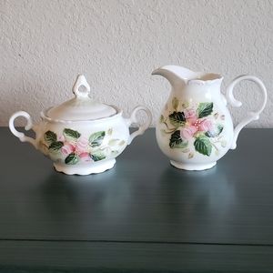 Handpainted Ceramic Rose Motif Sugar and Creamer